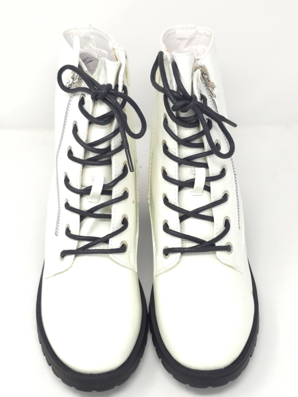 Combat Boots Chunky Heel Lace Up Side Zipper Faux Leather White Pat Ankle Boot - Picture 12 of 12